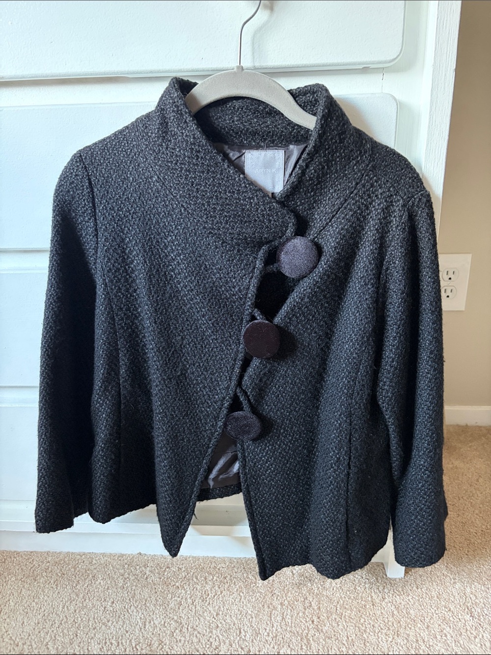 Aryn K Black Textured Cropped Pea Coat with Oversized Covered Buttons